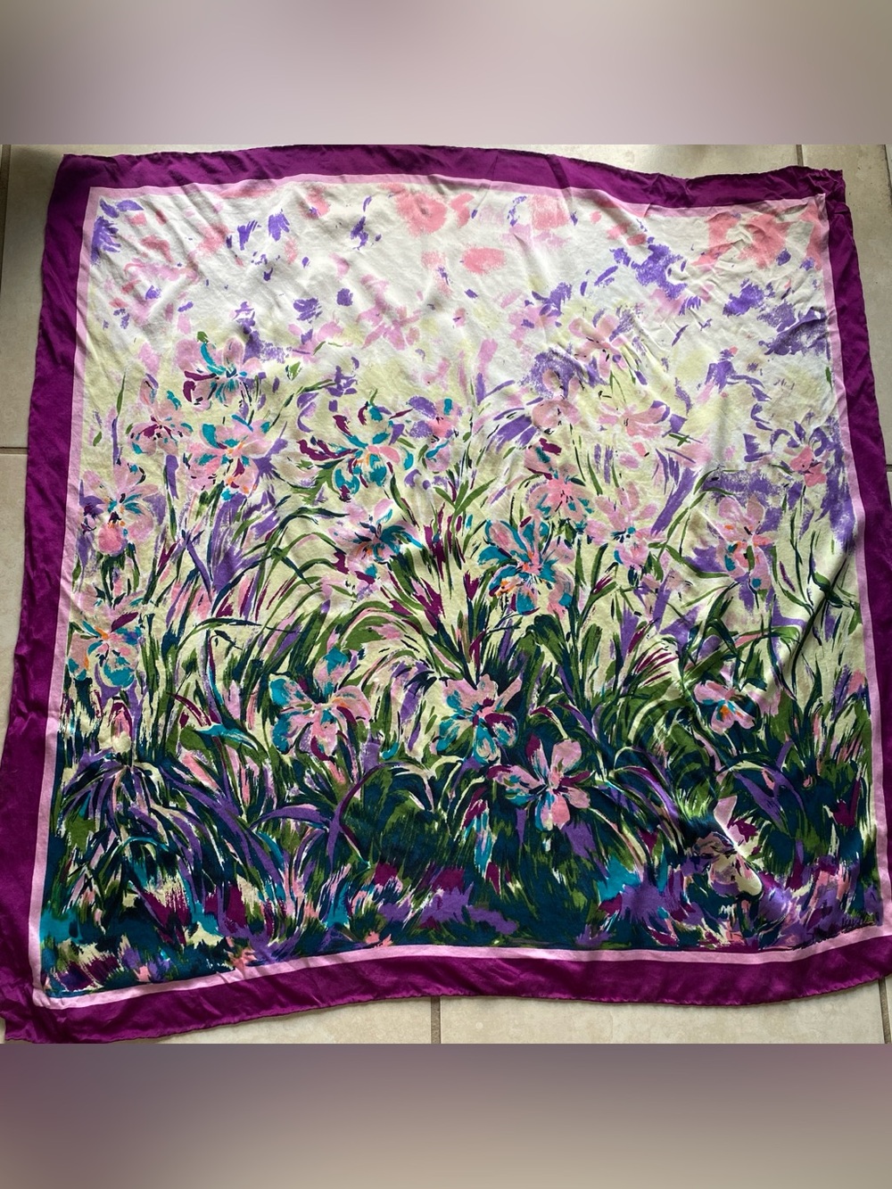 100% Luxury Square Silk Scarf - Laurent Monteil Irises Painting